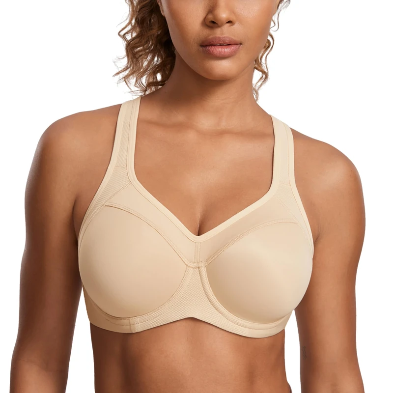 SYROKAN Sports Bra - High Impact Underwire Racerback, Beige 36D