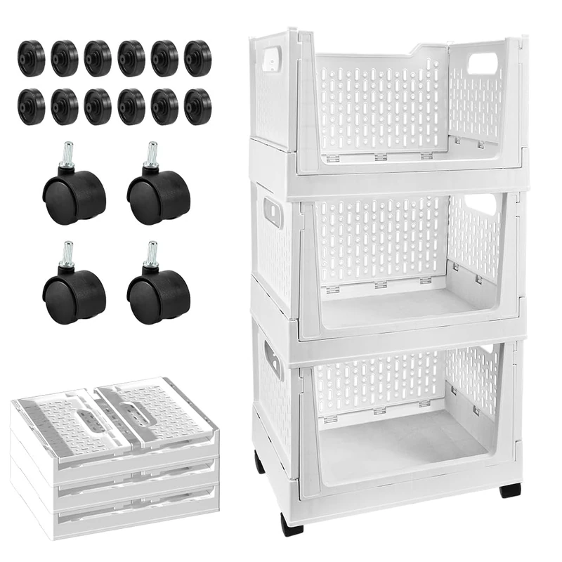 Stackable Plastic Storage Basket, 3 Pack Foldable Closet Organizers and Storage Bins with Wheels, Collapsible Drawer Shelf Storage Box Container for Office Bedroom Closet Wardrobe Kitchen Bathroom