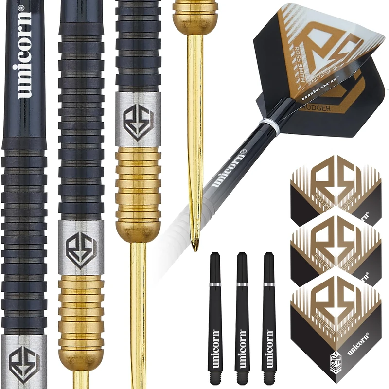 Unicorn Darts Set | Ross 'Smudger' Smith | 90% Tungsten Barrels with Two-Tone Black & Golden Titanium Coatings | Steel Tip Gold Volute Points | 22 g
