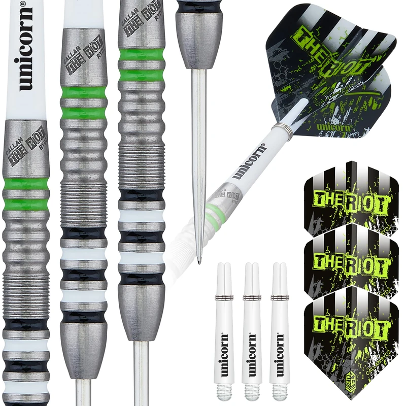 Unicorn Steel Tip Darts Set | Callan 'The Riot' Rydz Contender | 80% Natural Tungsten Barrels with Green White & Black Accents | 23 g