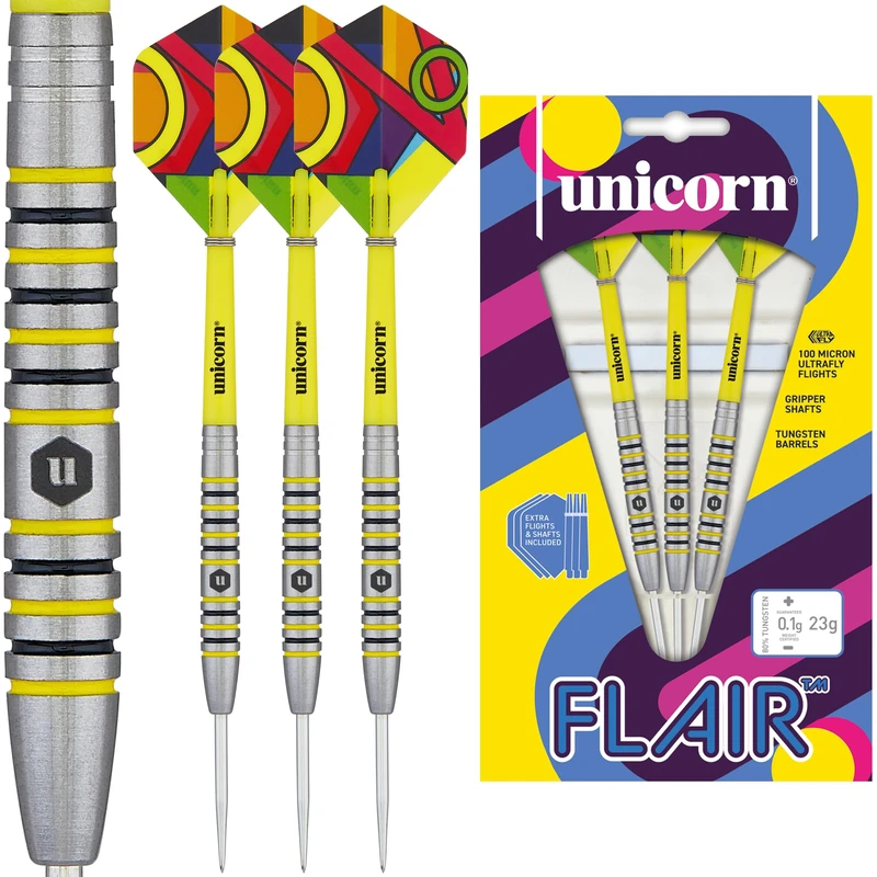 Unicorn Professional Darts Set | Flair 4 | 80% Natural Tungsten Barrels with Black & Yellow Accents & Laser Etched U Logo Hallmark | Steel Tip | 23 g | Extra Flights & Shafts