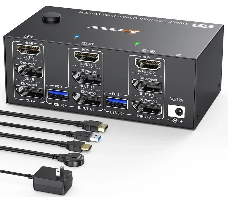 MLEEDA Triple Monitor KVM Switch 3 Monitors 2 Computers 8K@60Hz 4K@144Hz, HDMI+2 DisplayPort, 4 USB3.0, Wired Remote, Black, Manual Operation