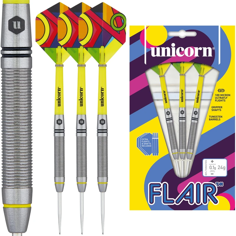 Unicorn Professional Darts Set | Flair 5 | 80% Natural Tungsten Barrels with Black & Yellow Accents & Laser Etched U Logo Hallmark | Steel Tip | 24 g | Extra Flights & Shafts