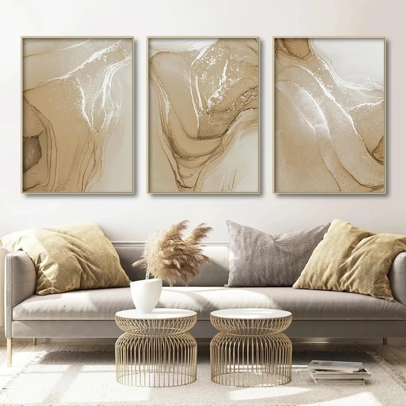 Abstract Marble Canvas Wall Art - Modern Brown and Gold Prints for Bathroom Decor - Beige Poster Painting - 16x24 Inch x3 Frameless