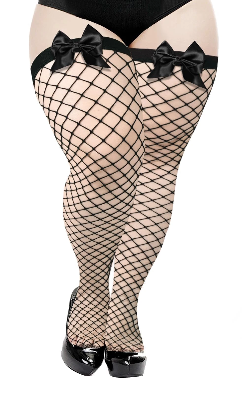 Moon Wood Plus Size Fishnet Stockings with Bows Stay up Lingerie Thigh High Stockings for Women Valentine's Day, Black bow