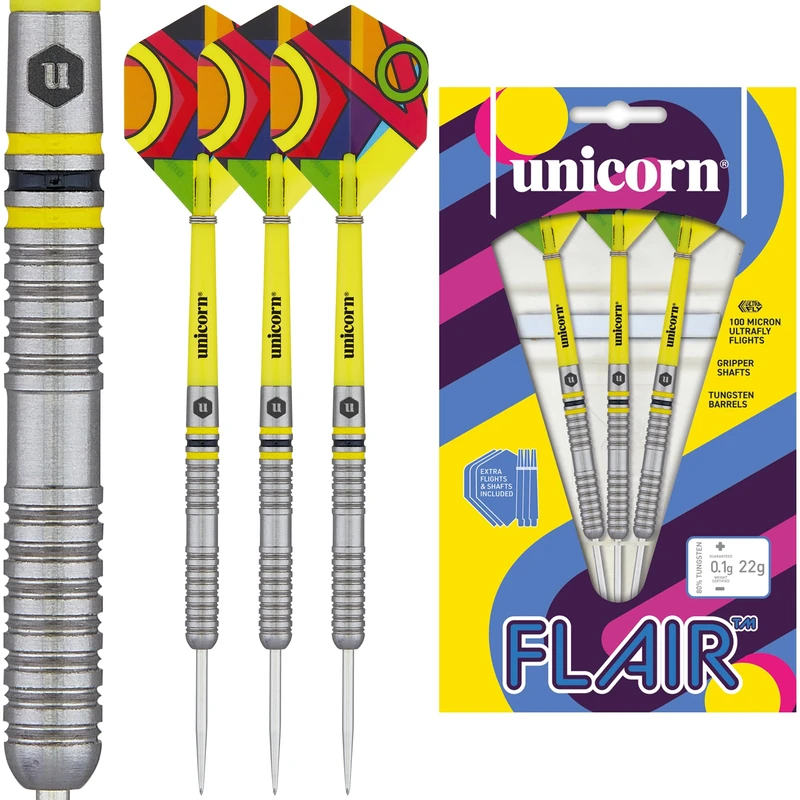Unicorn Professional Darts Set | Flair 3 | 80% Natural Tungsten Barrels with Black & Yellow Accents & Laser Etched U Logo Hallmark | Steel Tip | 22 g | Extra Flights & Shafts