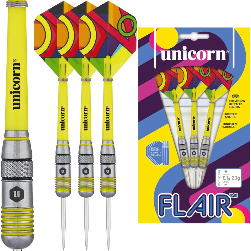 Unicorn Darts Set | Flair 1 | 80% Natural Tungsten Barrels with Black & Yellow Accents & Laser Etched U Logo Hallmark | Steel Tip | 20 g | Extra Flights & Shafts