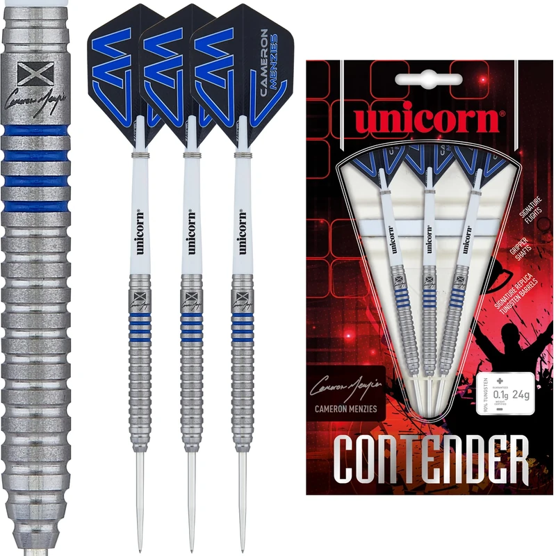 Unicorn Steel Tip Darts Set | Cameron 'Cammy' Menzies Contender | 90% Natural Tungsten Barrels with Blue Accents & Laser Etched Autograph | 23 g