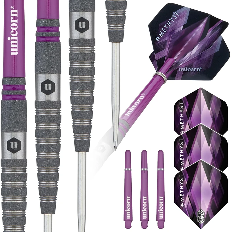 Unicorn Professional Darts Set | Amethyst 4 | 90% Natural Tungsten Barrels with Purple Accents & Laser Etched U Logo Hallmark | Steel Tip | 22 g