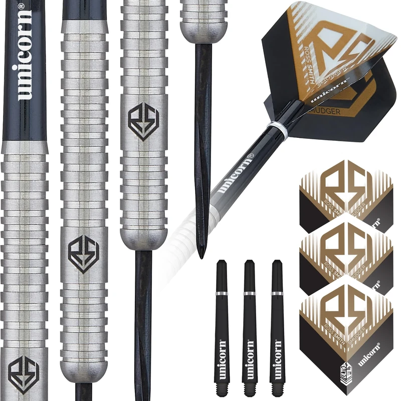 Unicorn Darts Set | Ross 'Smudger' Smith | 90% Natural Tungsten Barrels with Laser Etched RS & U Logo Hallmark | Steel Tip Black Volute Points | 20 g