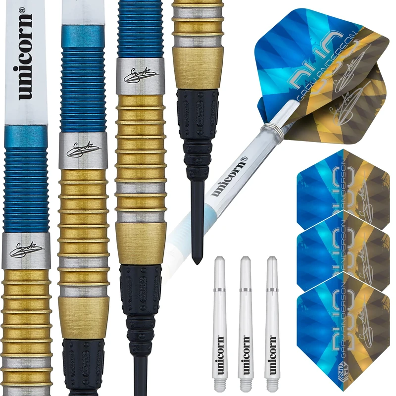 Unicorn Darts Set | Gary 'The Flying Scotsman' Anderson Duo | 80% Tungsten Barrels with Two-Tone Blue & Golden Titanium Coatings | Soft Tip Epic Points | 20 g