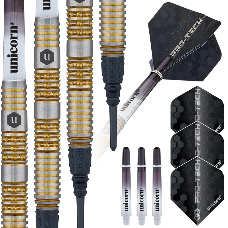 Unicorn Professional Darts Set | Pro-Tech Style 6 | 70% Natural Tungsten Barrels with Intricately Machined Golden Accents | Soft Tip Epic Points | 18 g