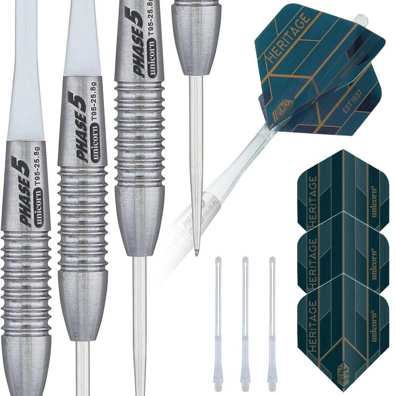 Unicorn Steel Tip Professional Darts Set | Heritage Range Evolution Phase 5 | 95% Natural Tungsten Barrels with Laser Etched U Logo Hallmark | 26 g | Deluxe Presentation Box