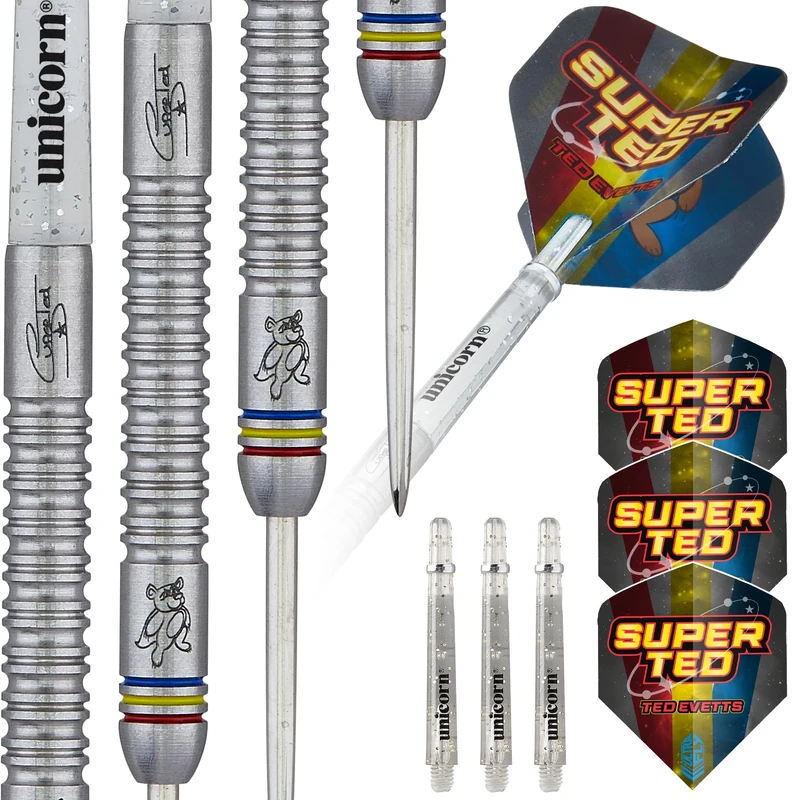 Unicorn Steel Tip Professional Darts Set | Ted 'Super Ted' Evetts Phase 2 | 90% Natural Tungsten Barrels with Blue Red & Yellow Accents & Laser Etched Autograph | 23 g