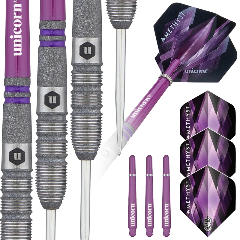 Unicorn Professional Darts Set | Amethyst 3 | 90% Natural Tungsten Barrels with Purple Accents & Laser Etched U Logo Hallmark | Steel Tip | 22 g