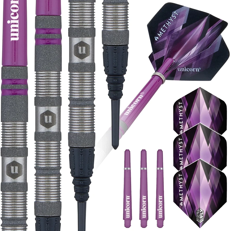 Unicorn Professional Darts Set | Amethyst 1 | 80% Natural Tungsten Gripper Finish Barrels with Purple Accents & Laser Etched U Logo Hallmark | Soft Tip Epic Points | 18 g