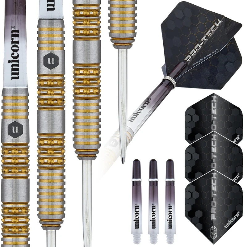 Unicorn Professional Darts Set | Pro-Tech Style 6 | 90% Natural Tungsten Barrels with Intricately Machined Golden Accents | Steel Tip Volute Points | 25 g