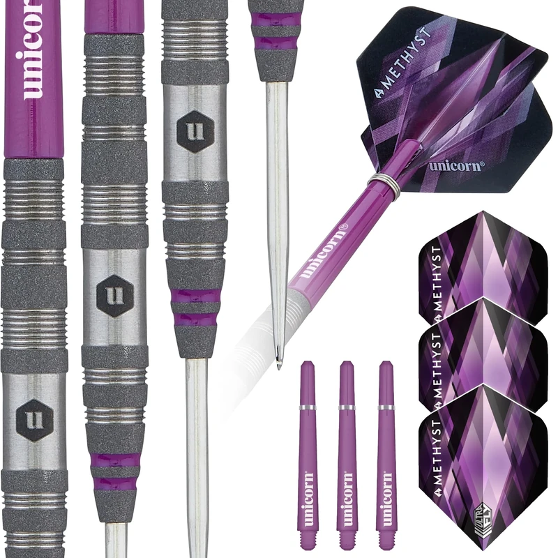 Unicorn Darts Set | Amethyst 2 | 90% Natural Tungsten Barrels with Purple Accents & Laser Etched U Logo Hallmark | Steel Tip | 19 g