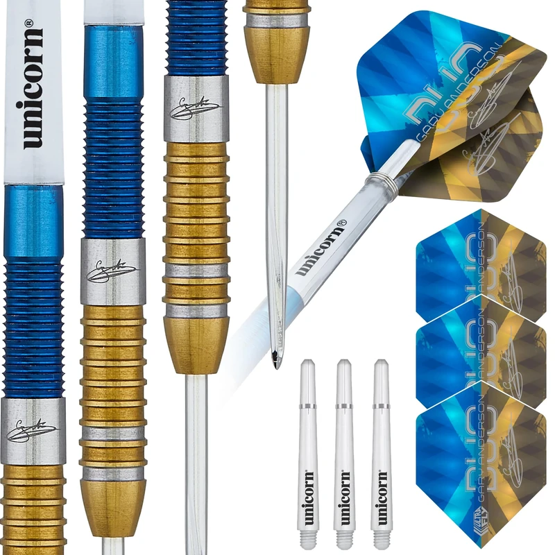 Unicorn Professional Darts Set | Gary 'The Flying Scotsman' Anderson Duo | 90% Tungsten Barrels with Two-Tone Blue & Golden Titanium Coatings | Steel Tip Volute Points | 23 g
