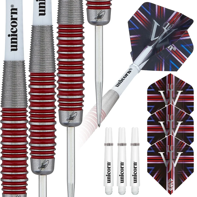 Unicorn Professional Darts Set | James 'The Machine' Wade | 90% Tungsten Barrels with Red Ring Accents | Steel Tip Volute Points | 24 g