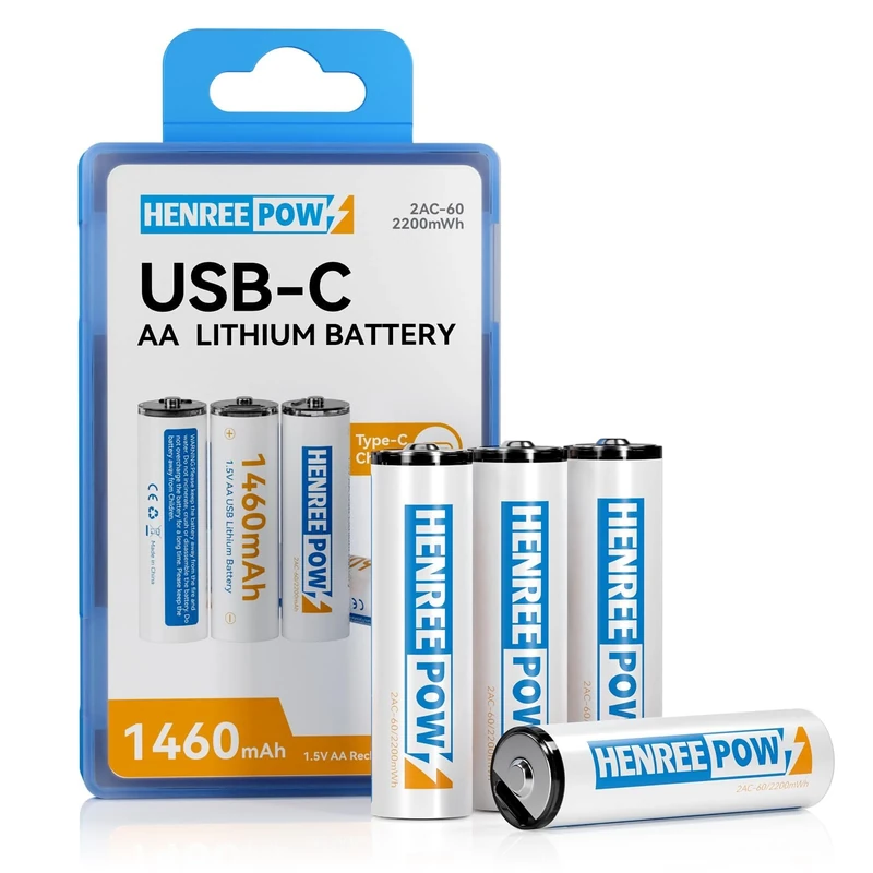 Henreepow Rechargeable AA Batteries, USB Lithium Double A Battery, 1.5H USB C Fast Charging 1.5V Constant Voltage 1200 Cycle Long Lasting Power Batteries (4 Pack)