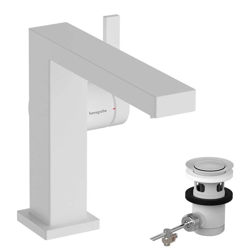 hansgrohe Tecturis E Fine - bathroom tap with pop-up waste set, energy-saving (CoolStart), bathroom sink tap with spout height 110 mm, basin mixer tap water-saving (EcoSmart+), matt white, 73023700