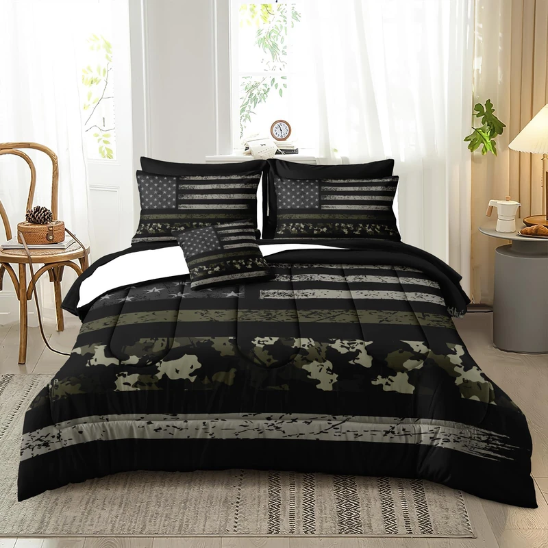 Bedbay American Flag Comforter Set King Size Bed in a Bag Camouflage USA Flag Printed 8 Pcs Camo Bedding Set with 1 Comforter 4 Pillowcases 1 Flat Sheet 1 Fitted Sheet 1 Cushion Cover(Camo,King)