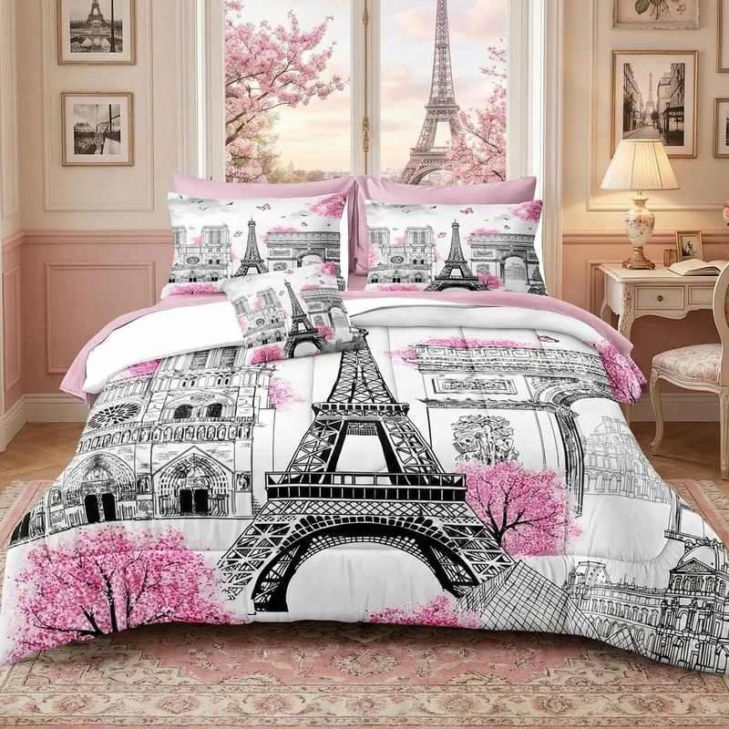 Bedbay 8 Pieces Pink and Grey Comforter Set Queen Size Paris Comforter Set Queen Pink Bedding Set Bed in a Bag Eiffel Tower Beautiful Blossom Floral Paris Themed Bedroom Decor