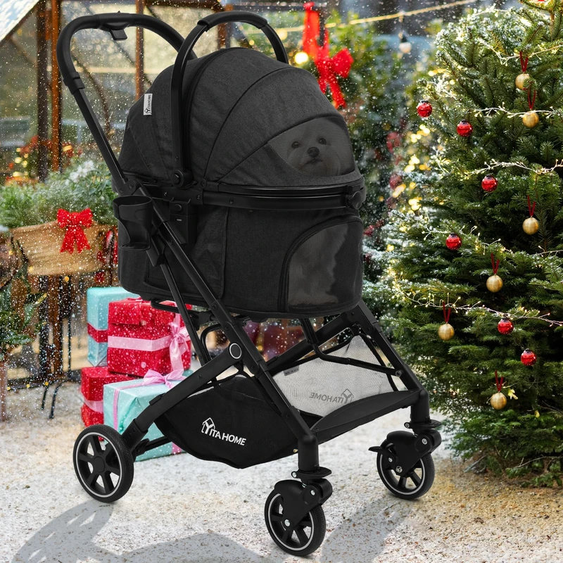 YITAHOME 3-in-1 Pet Stroller, One-Click Foldable Cats/Dog Stroller, Dog Buggy with Detachable Carrier, Storage Basket, Cup Holder, Car Seat (Black)