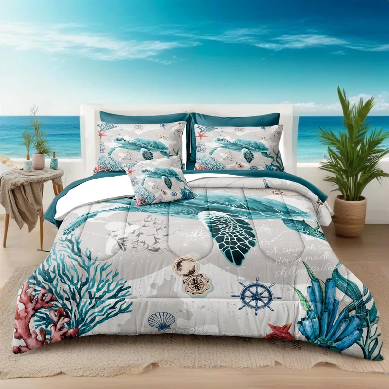 Bedbay 8 Pieces Nautical Bedding Sea Turtle Queen Comforter Set with Sheets Turquoise Comforter Retro Style Teen Girls Boys Turtle Bedding Set Ocean Themed Soft Fluffy Bed Set(Ocean,Queen)