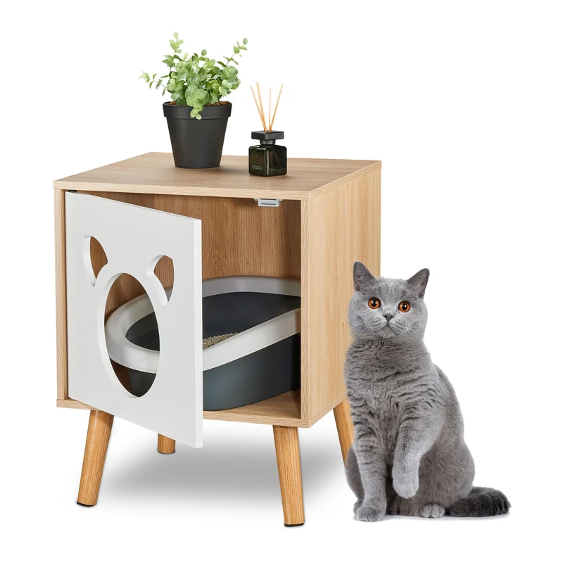 Relaxdays Cat Cabinet, with Door, Wooden Cupboard Design, Litter Box, Pet House, HxWxD: 50 x 40 x 40 cm, Natural/White, Fibreboard