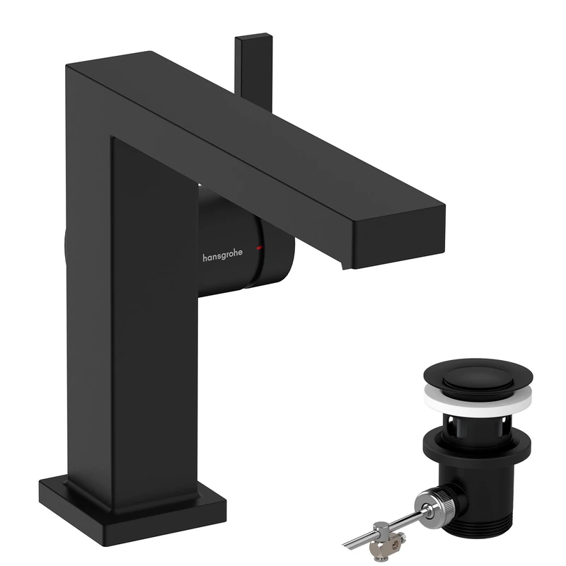 hansgrohe Tecturis E Fine - bathroom tap with pop-up waste set, energy-saving (CoolStart), bathroom sink tap with spout height 110 mm, basin mixer tap water-saving (EcoSmart+), matt black, 73023670
