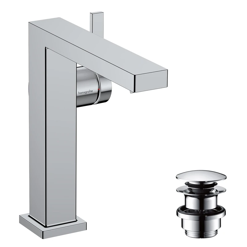 hansgrohe Tecturis E Fine - bathroom tap with push-open waste set, energy-saving (CoolStart), bathroom sink tap with spout height 150 mm, basin mixer tap water-saving (EcoSmart+), chrome, 73040000