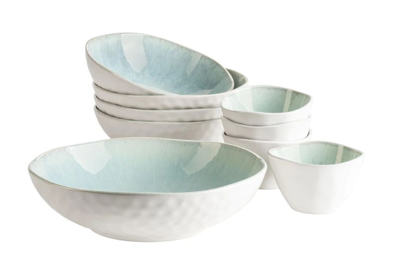 MÄSER 934009 Frozen Series 9-Piece Bowl Set Made of Beautiful Ceramic, 1 Salad Bowl, 4 Ramen Bowls and 4 Dip Bowls, Organic Shapes in Vintage Look, Hand Glazed, Stoneware, Green