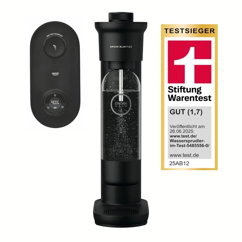 GROHE Blue Fizz Advanced Water Carbonator (CO₂ Level Display, 3 Adjustable CO2 Levels Preset, BPA-Free Water Bottle 850ml, Built-In Rechargeable Battery with USB-C Charging Cable), Black, 31947K00