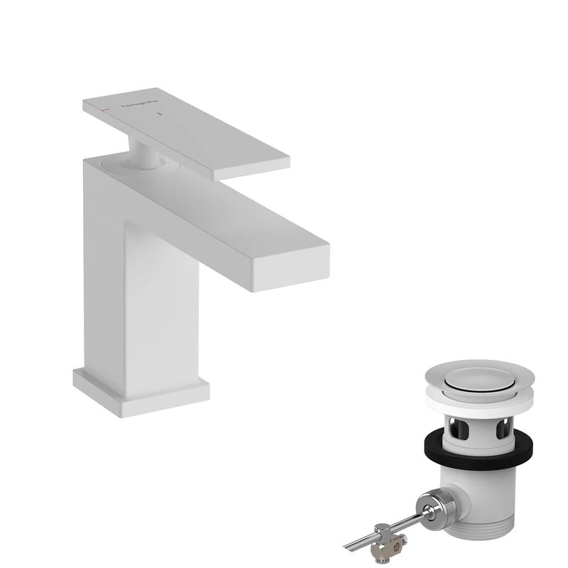 hansgrohe Tecturis E - bathroom tap with pop-up waste set, energy-saving (CoolStart), bathroom sink tap with spout height 80 mm, basin mixer tap water-saving (EcoSmart+), matt white, 73002700