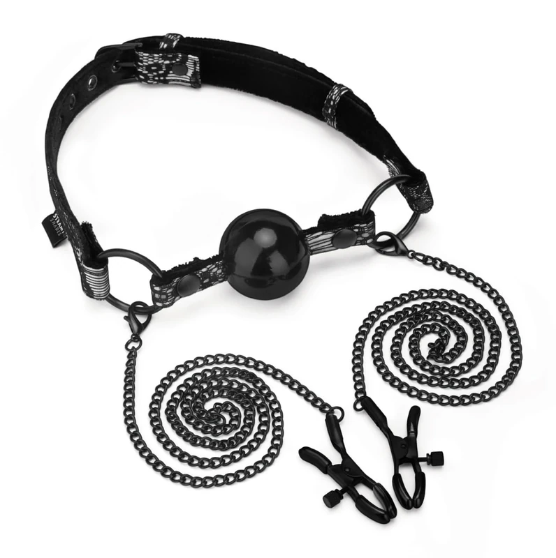 STEAMY SHADES Ball Gag with Nipple Clamps Black/Silver One Size