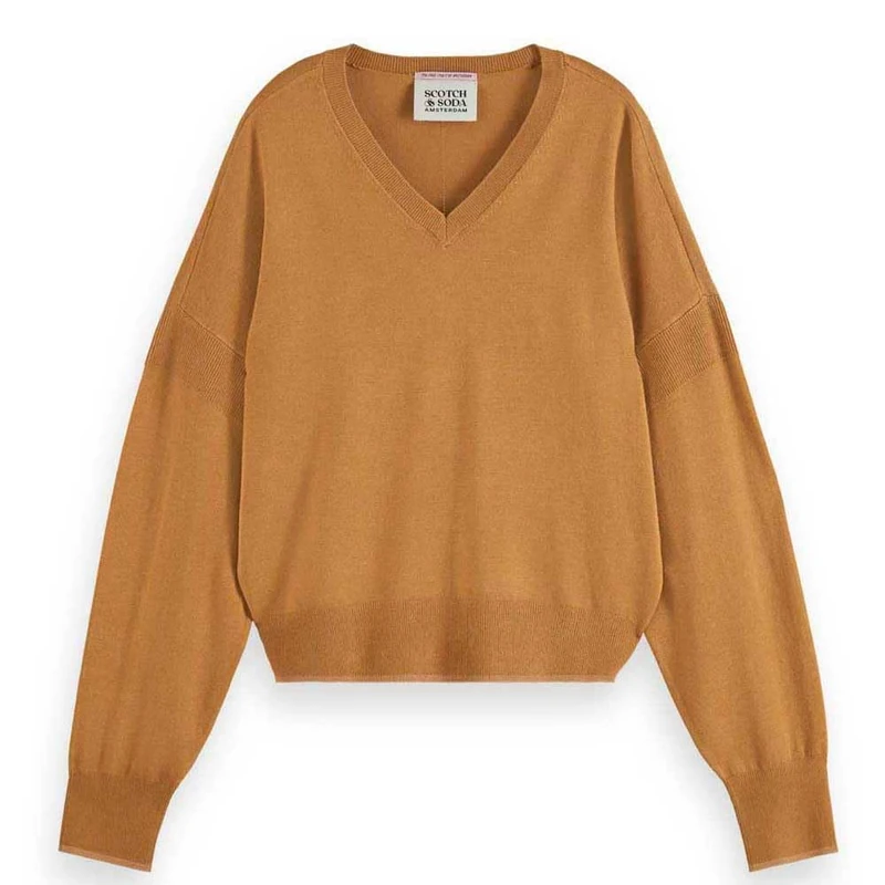 Scotch & Soda Womens Relaxed-fit V-Neck Pullover Sweater, Tobacco Melange, L UK
