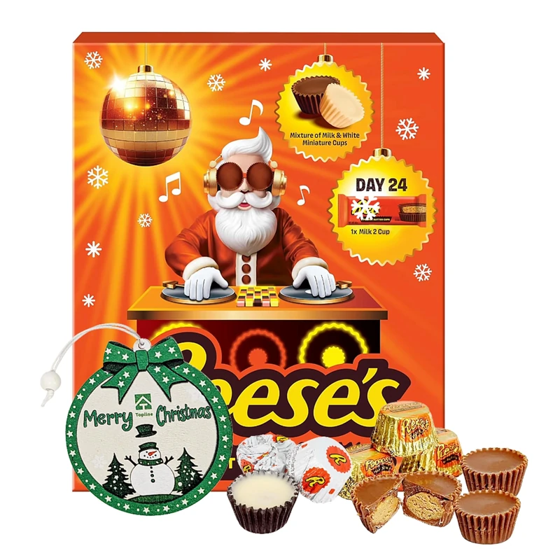 Peanut Butter Chocolate Advent Calendar 2025 - White & Milk Chocolate Peanut Butter Cups 24 Days Christmas Countdown Calendar 245g & Topline Tree Ornament. Christmas Gifts for Kids