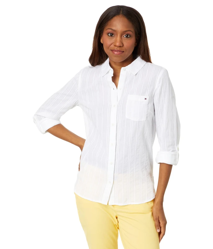 Tommy Hilfiger Women's Plaid Lurex Button Up Shirt, White, XXL - Image 1