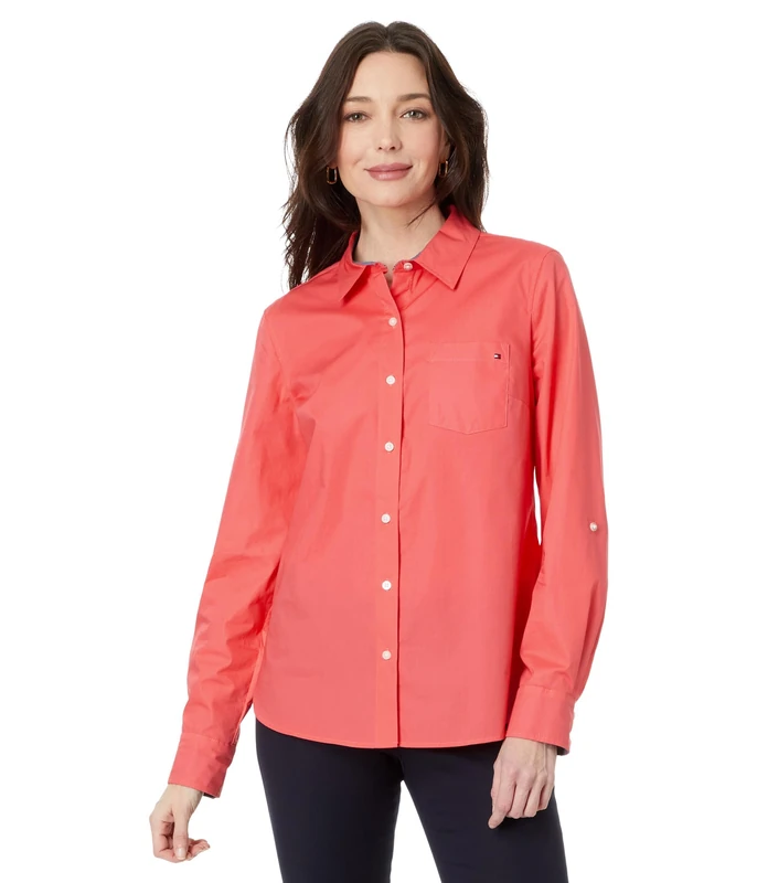 Tommy Hilfiger Women's Button Down Long Sleeve Collared Shirt with Chest Pocket, Sherbet, XS