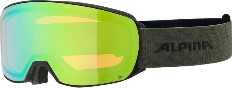 ALPINA NAKISKA Q Mirrored, Contrast Enhancing & Polarised Ski Goggles with 100% UV Protection for Adults, Black/Olive Matt, One Size
