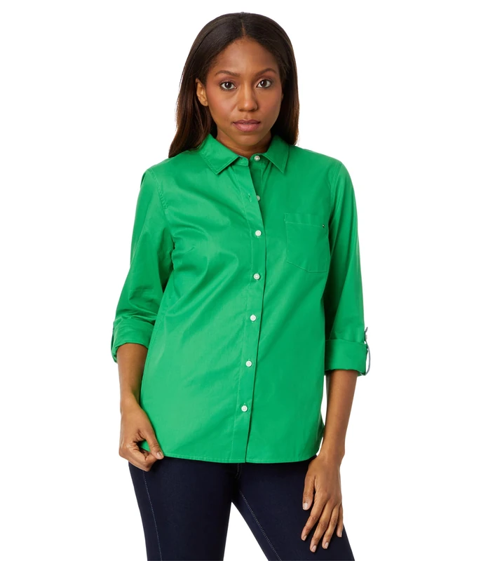 Tommy Hilfiger Women's Button Down Long Sleeve Collared Shirt with Chest Pocket, Fern, M