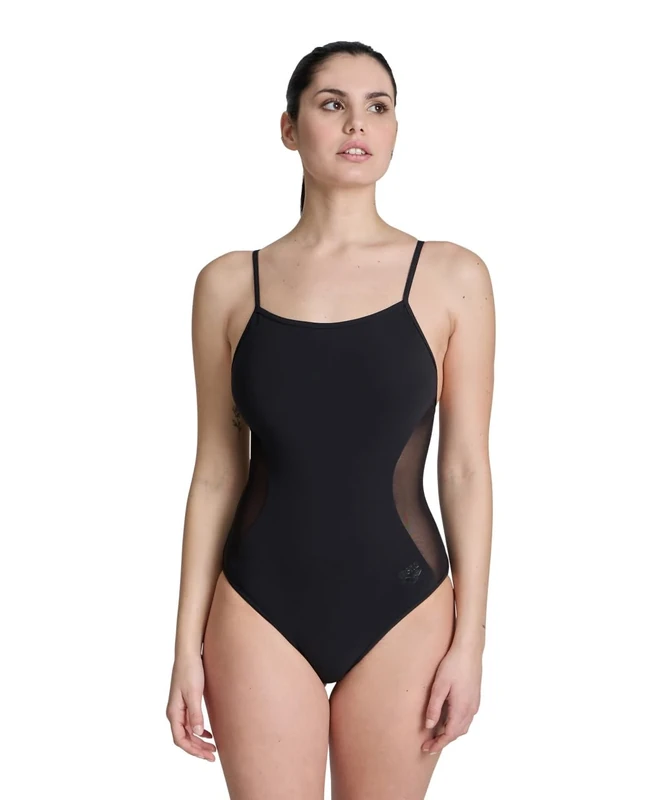 ARENA Feel Women's Mesh Panels Closed Back One Piece Swimsuit Closed Back Elegant Sexy Ladies Bathing Suit Stretchy Sophisticated Swimwear, Black, US Size 34