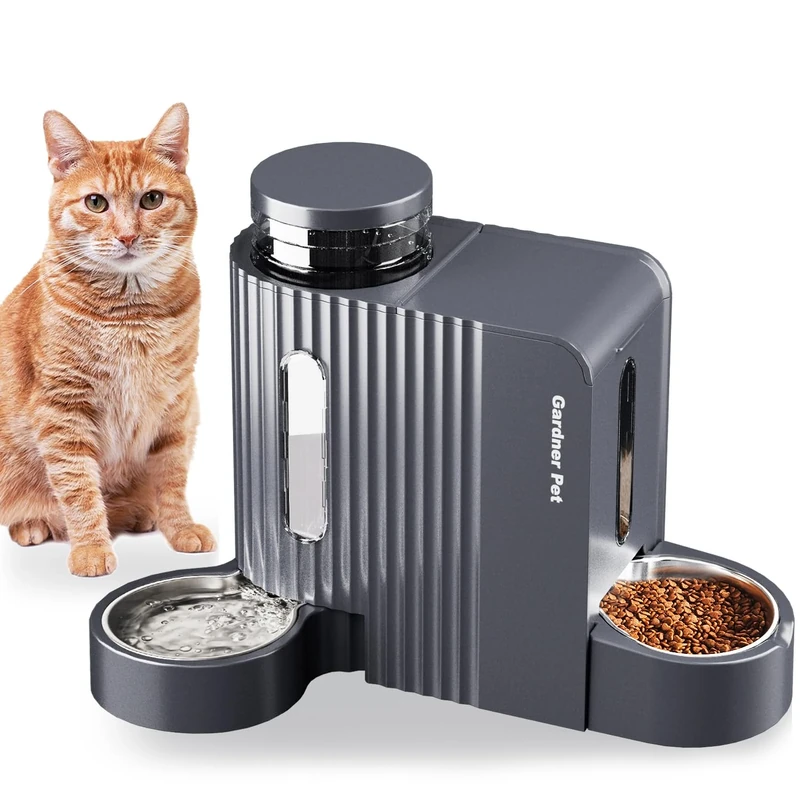 Gardner Pet 2 in 1 Automatic Cat Feeder and Water Dispenser 3L*2, Cat Bowls with Stainless Steel Bowl, Gravity Dog Water Dispenser, 100% BPA-Free, No Electricity Required, Dark Grey