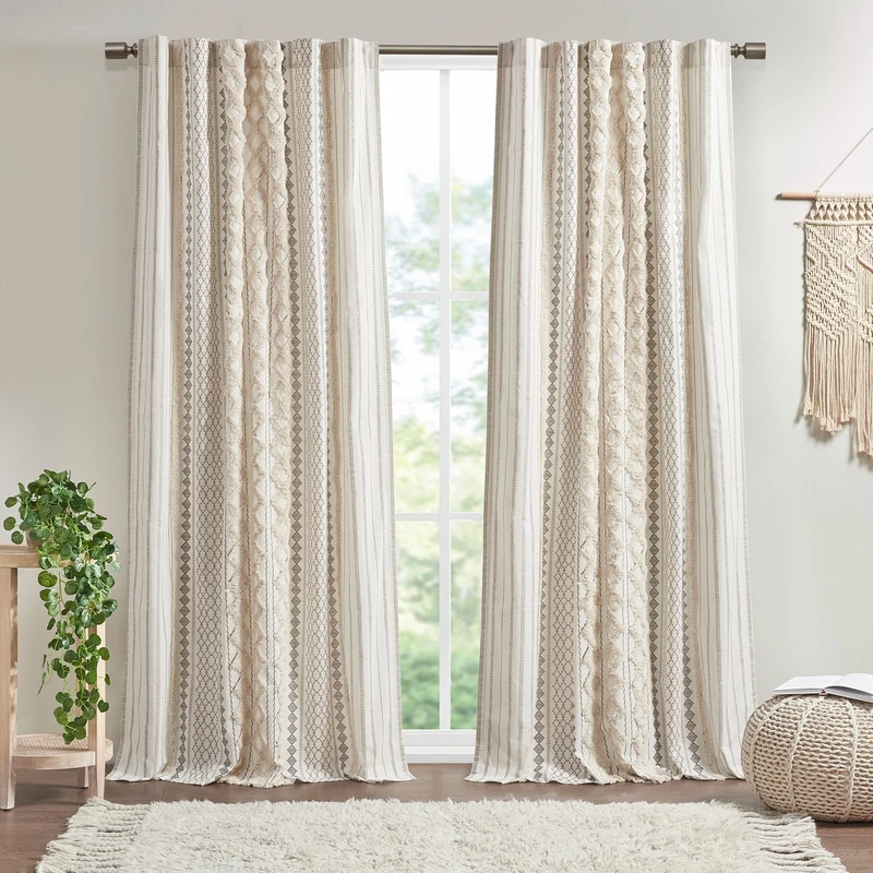 INK+IVY Boho Curtains for Bedroom & Living Room, 100% Cotton Tufted Chenille Stripe Modern Farmhouse Curtains, 50x95 Ivory