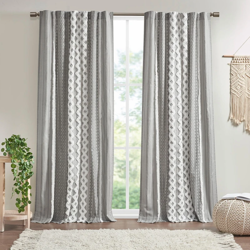 INK+IVY Boho Curtains for Bedroom & Living Room, 100% Cotton Tufted Chenille Stripe Modern Farmhouse Curtains, Light Filtering Drapes, 50" x 95", Grey