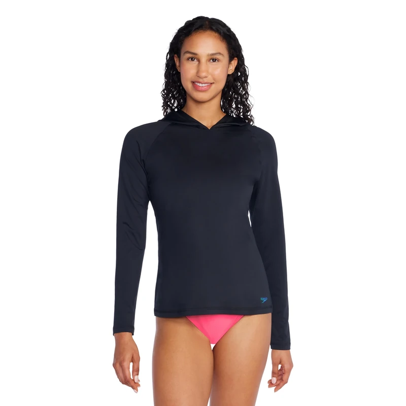 Speedo Women's Uv Swim Shirt Long Sleeve Rashguard Rash Guard, Hooded Black, Small
