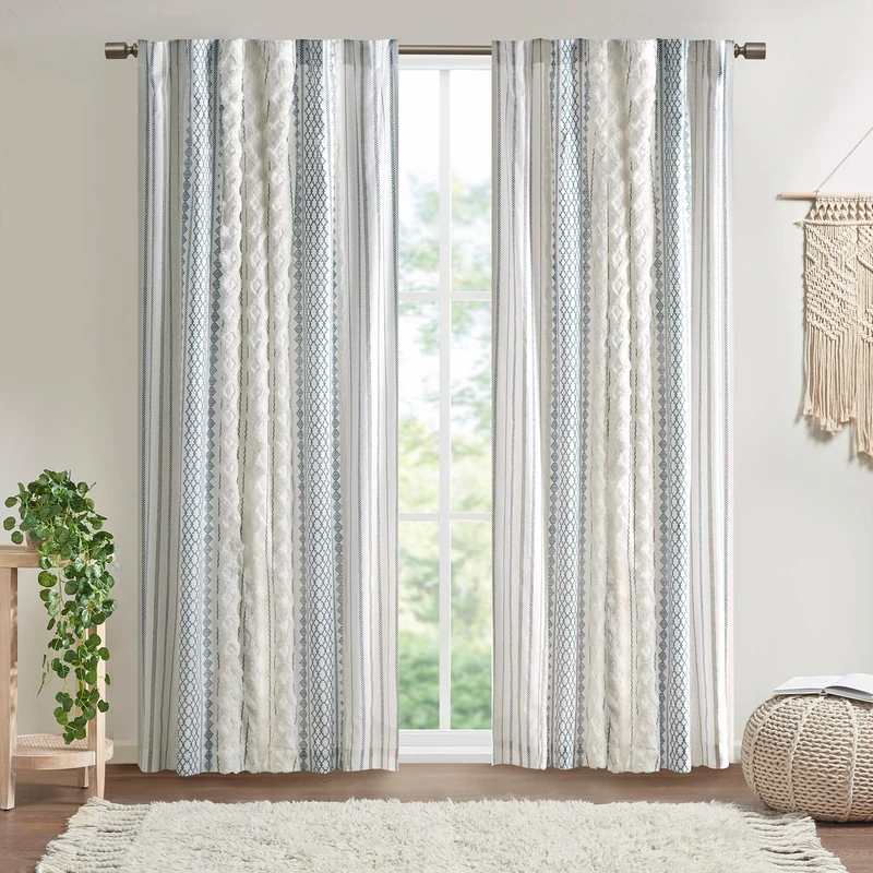 INK+IVY Boho Single Panel Window Curtain for Bedroom and Living Room - 100% Cotton Tufted Chenille Stripe Modern Farmhouse Drapes, 50x95, White/Navy