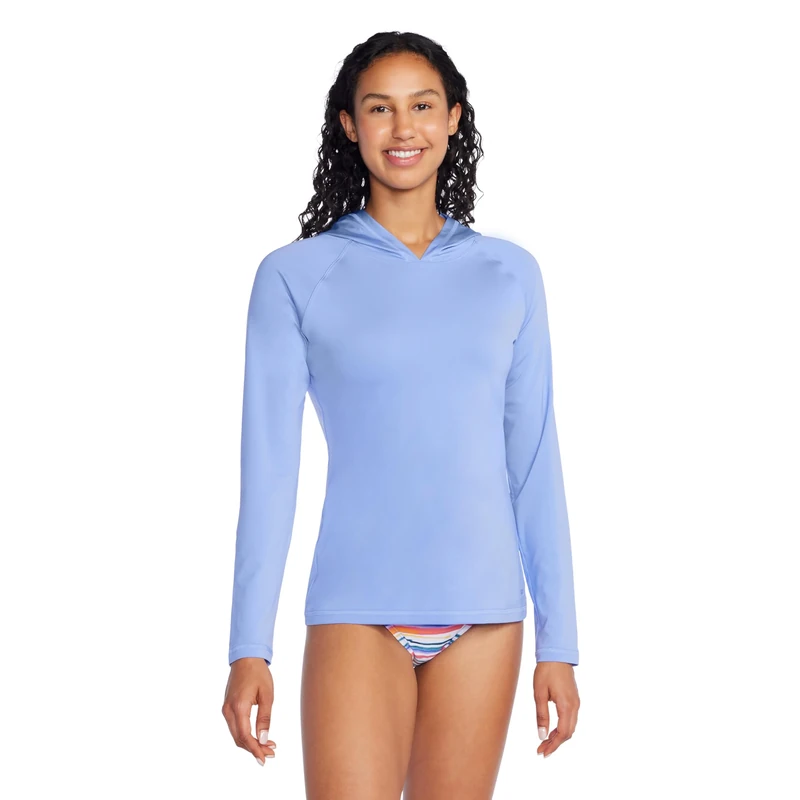Speedo Women's Uv Swim Shirt Long Sleeve Rashguard Rash Guard, Hooded Curious Blue, Small